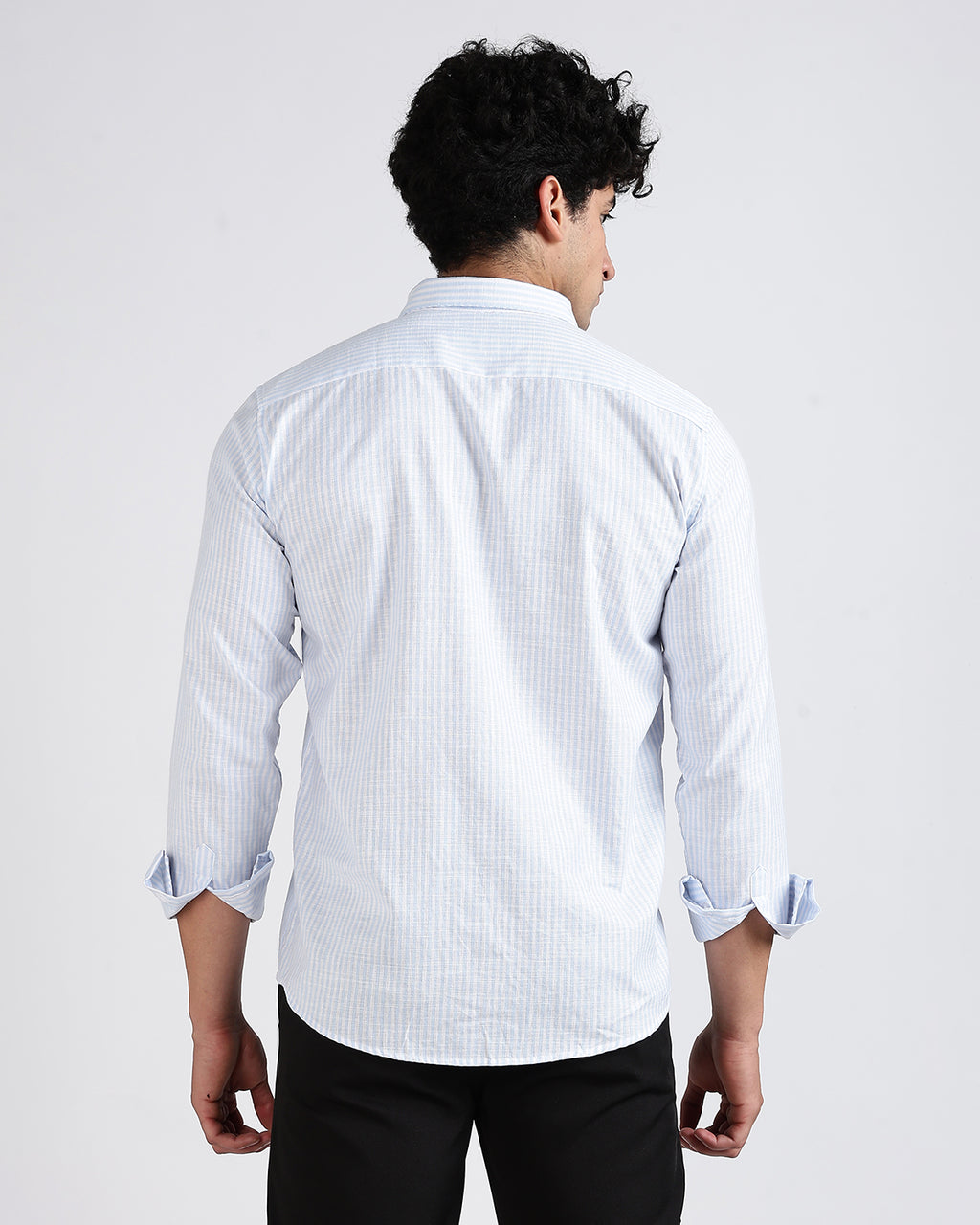 Tailored Fit Striped Linen Shirt - Light Blue