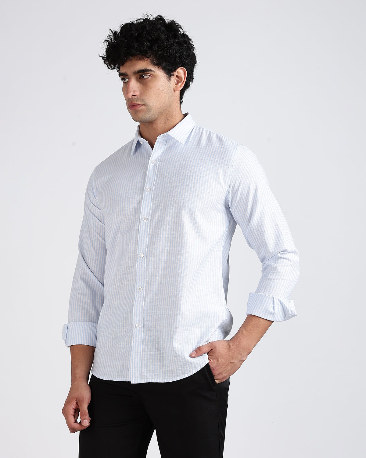 Tailored Fit Striped Linen Shirt - Light Blue