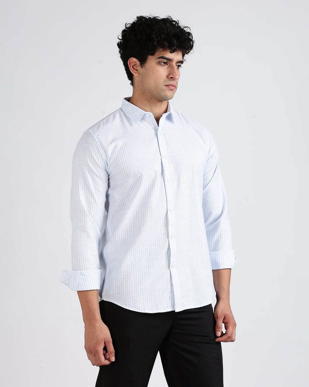 Tailored Fit Striped Linen Shirt - Light Blue