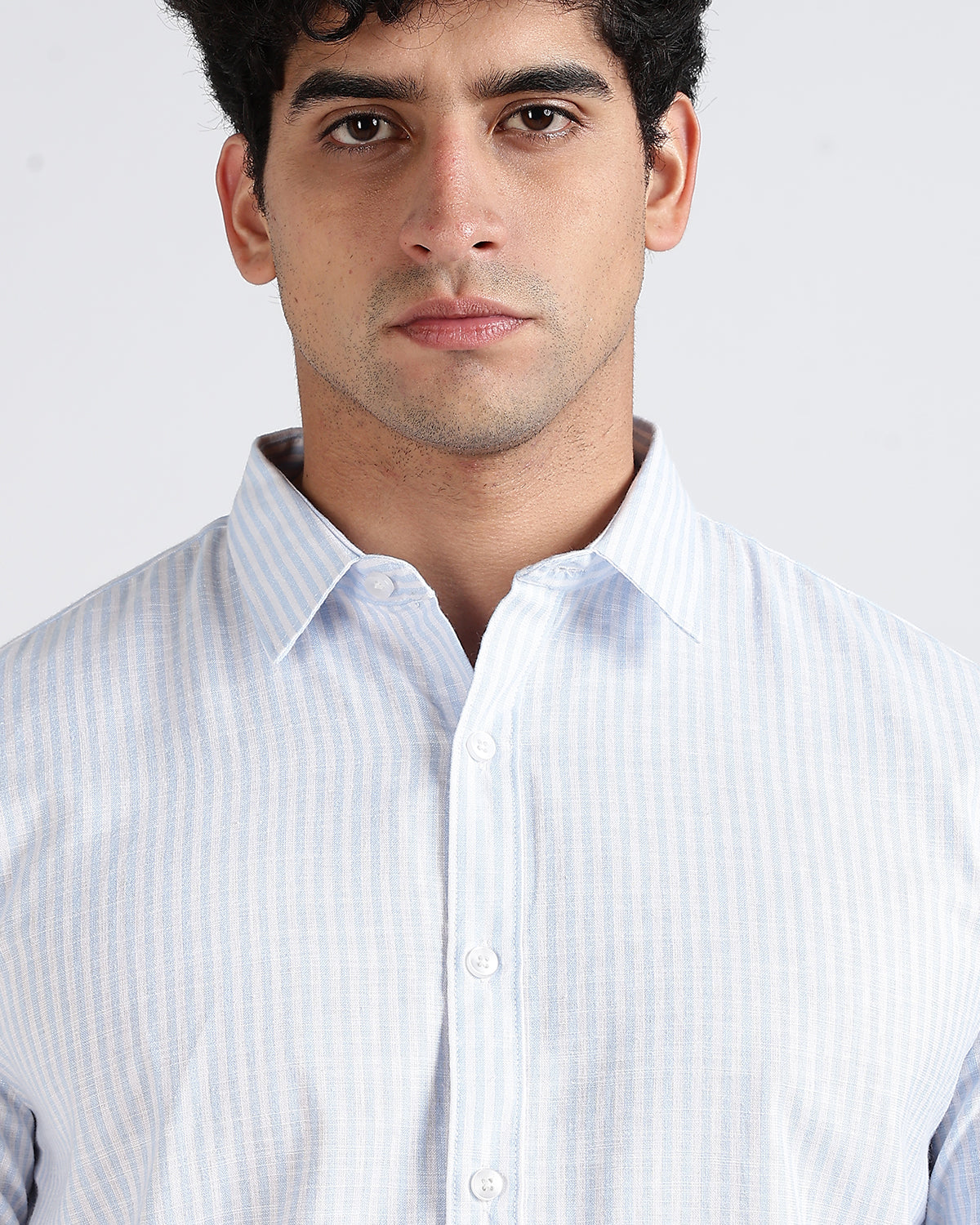 Tailored Fit Striped Linen Shirt - Light Blue