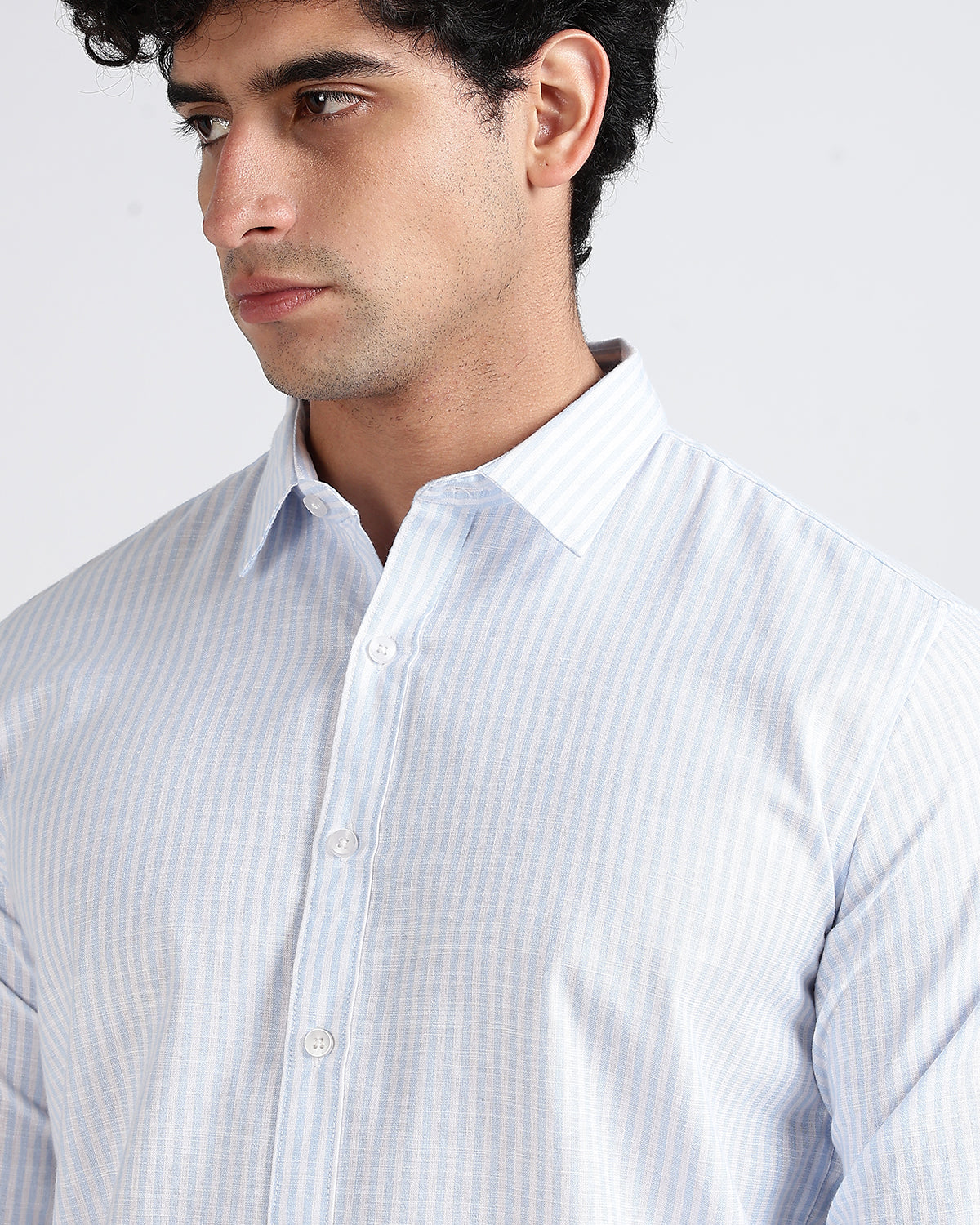 Tailored Fit Striped Linen Shirt - Light Blue