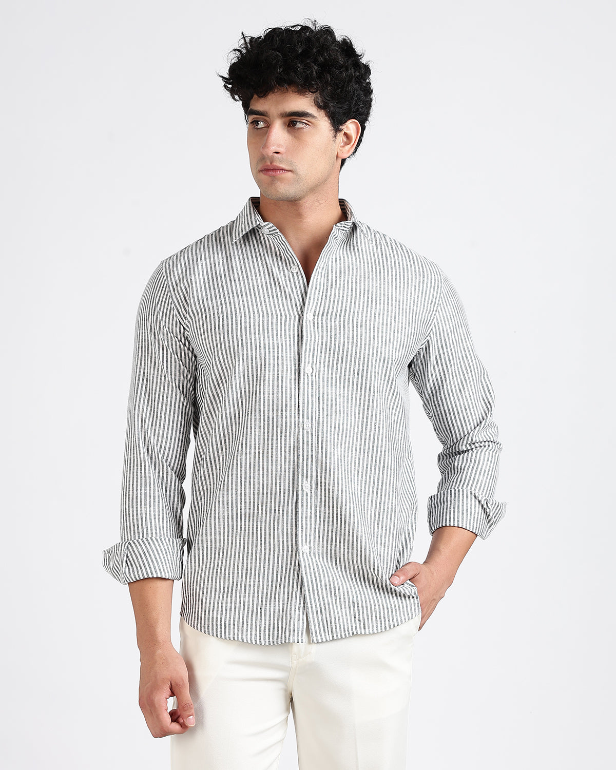 Tailored Fit Striped Linen Shirt - Green