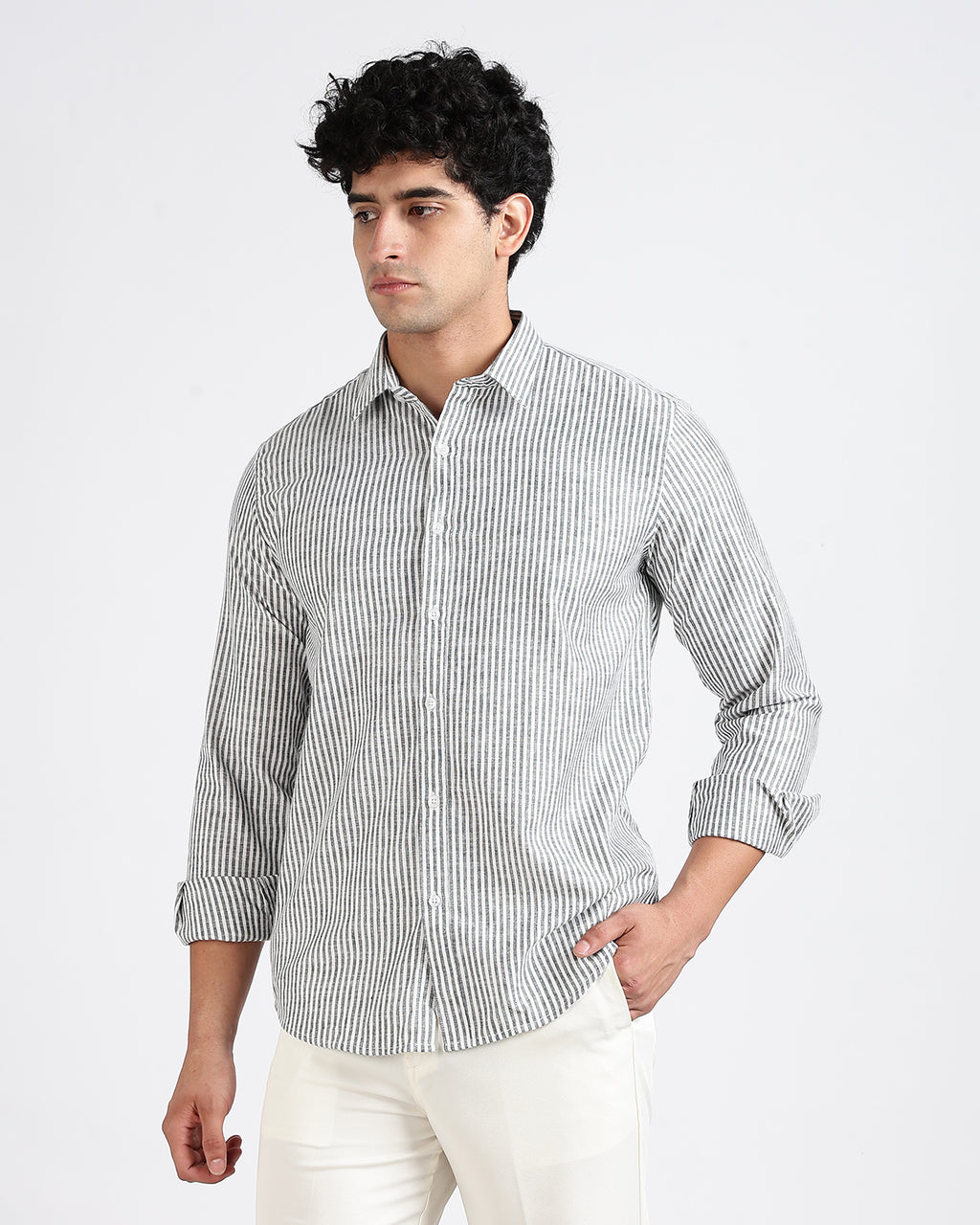 Tailored Fit Striped Linen Shirt - Green