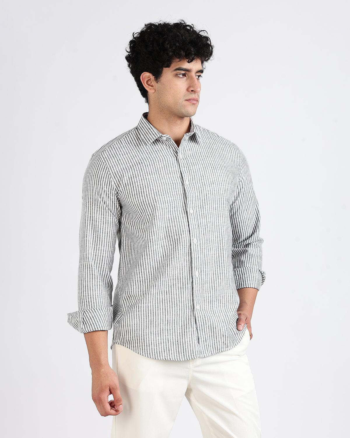 Tailored Fit Striped Linen Shirt - Green