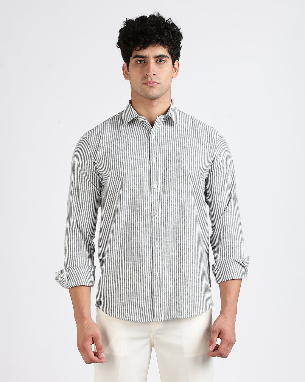 Tailored Fit Striped Linen Shirt - Green