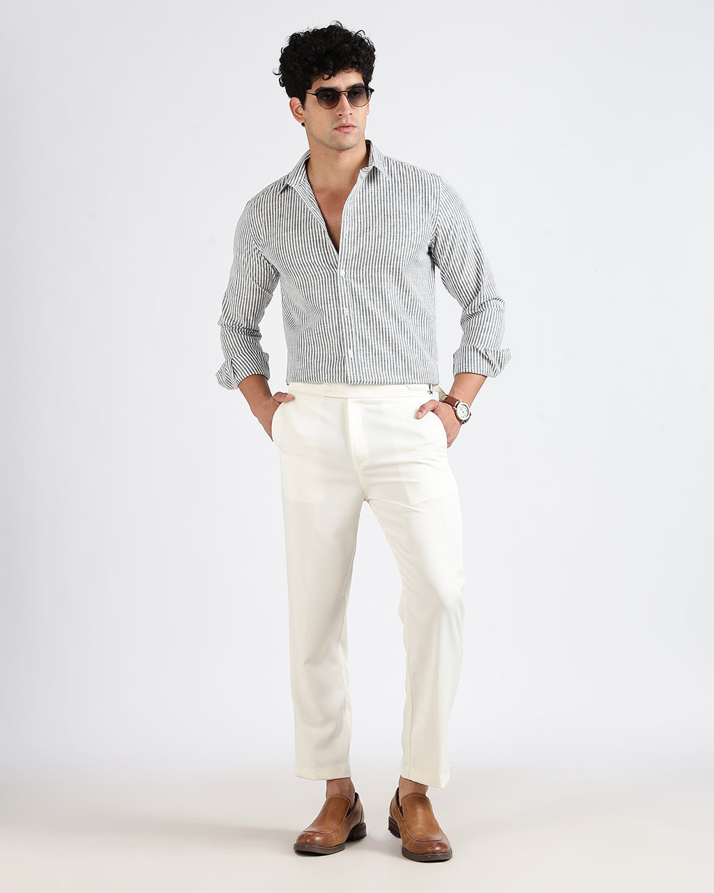 Tailored Fit Striped Linen Shirt - Green