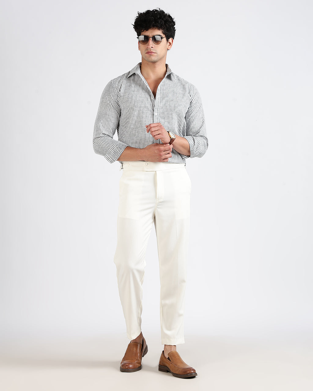 Tailored Fit Striped Linen Shirt - Green