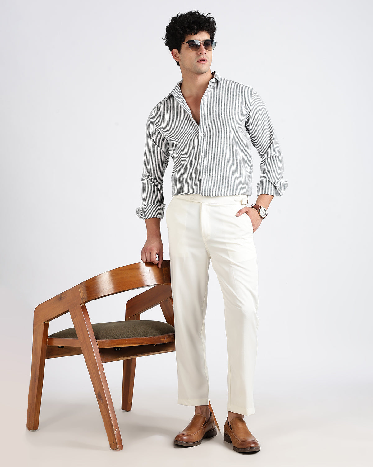 Tailored Fit Striped Linen Shirt - Green