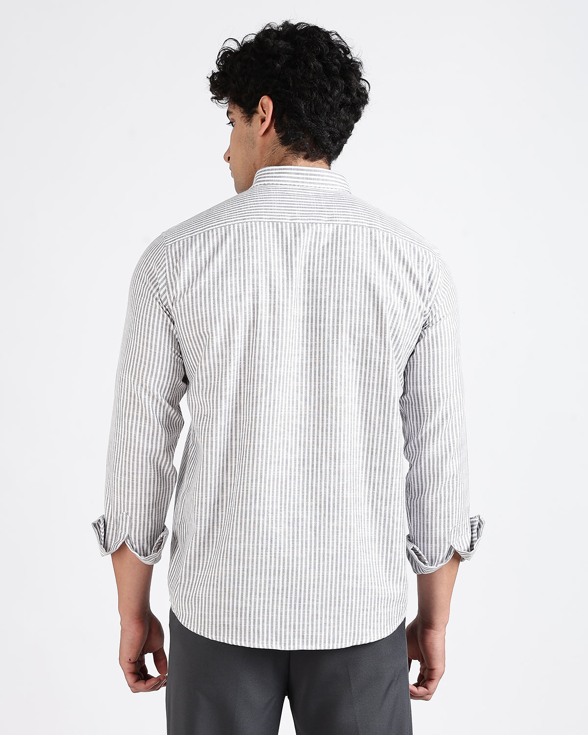 Tailored Fit Striped Linen Shirt - Light grey