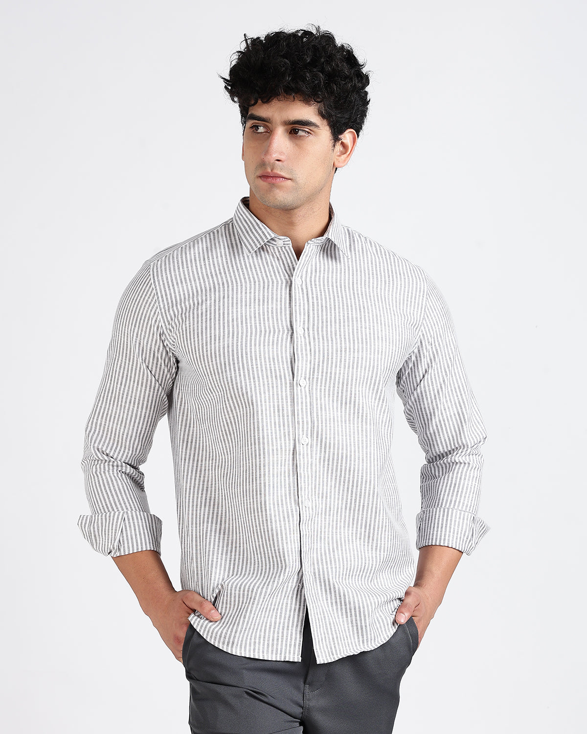 Tailored Fit Striped Linen Shirt - Light grey