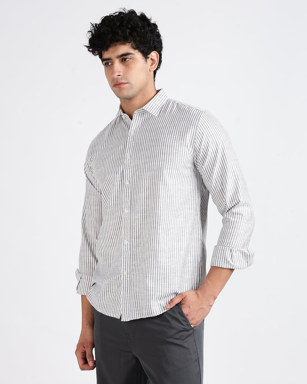Tailored Fit Striped Linen Shirt - Light grey