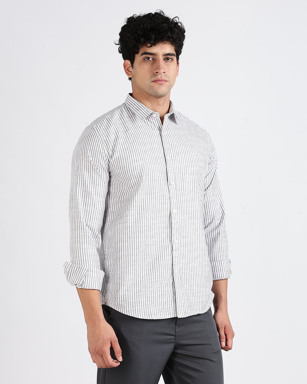 Tailored Fit Striped Linen Shirt - Light grey