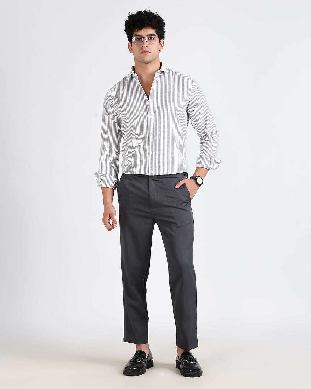 Tailored Fit Striped Linen Shirt - Light grey