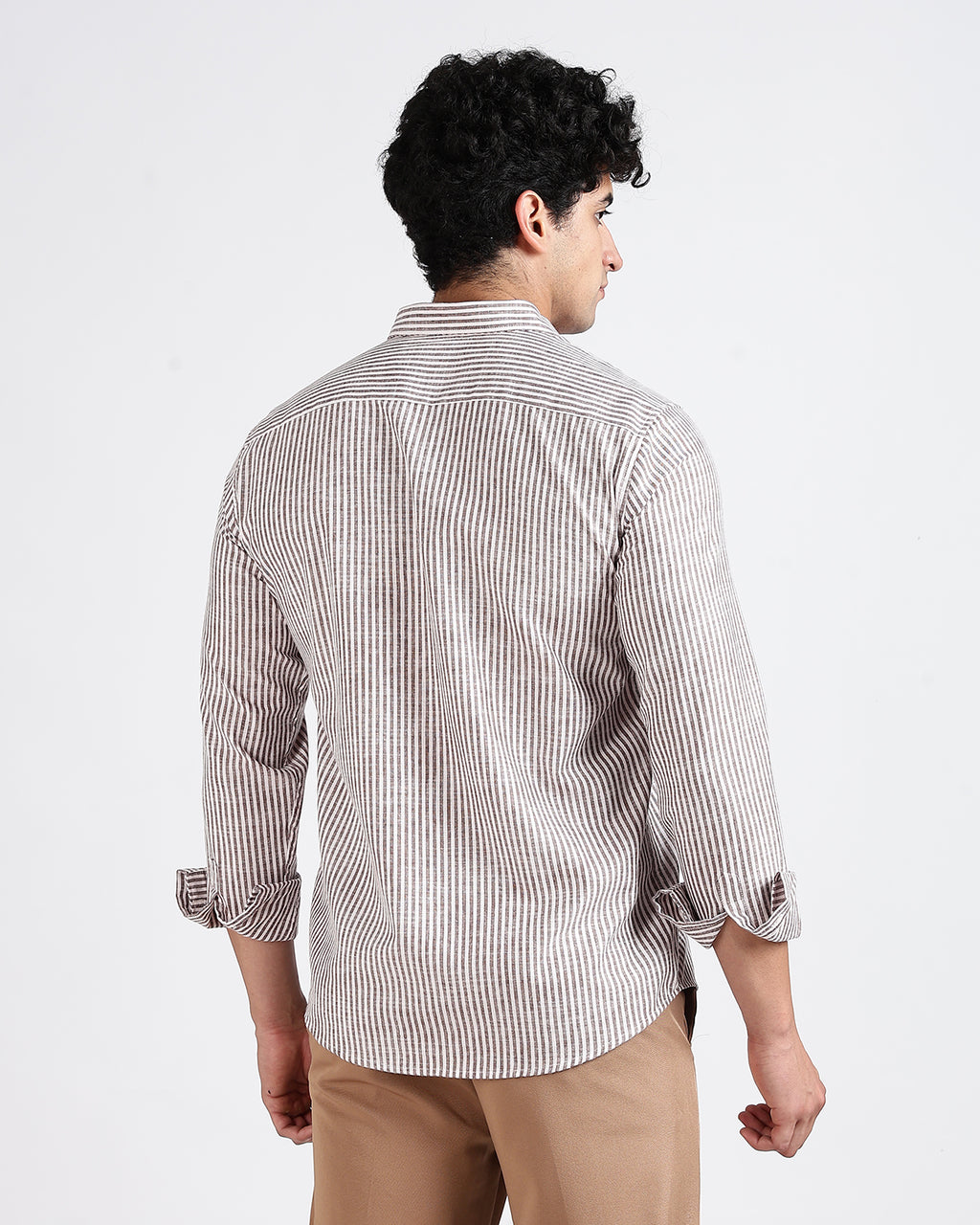 Tailored Fit Striped Linen Shirt - Brown
