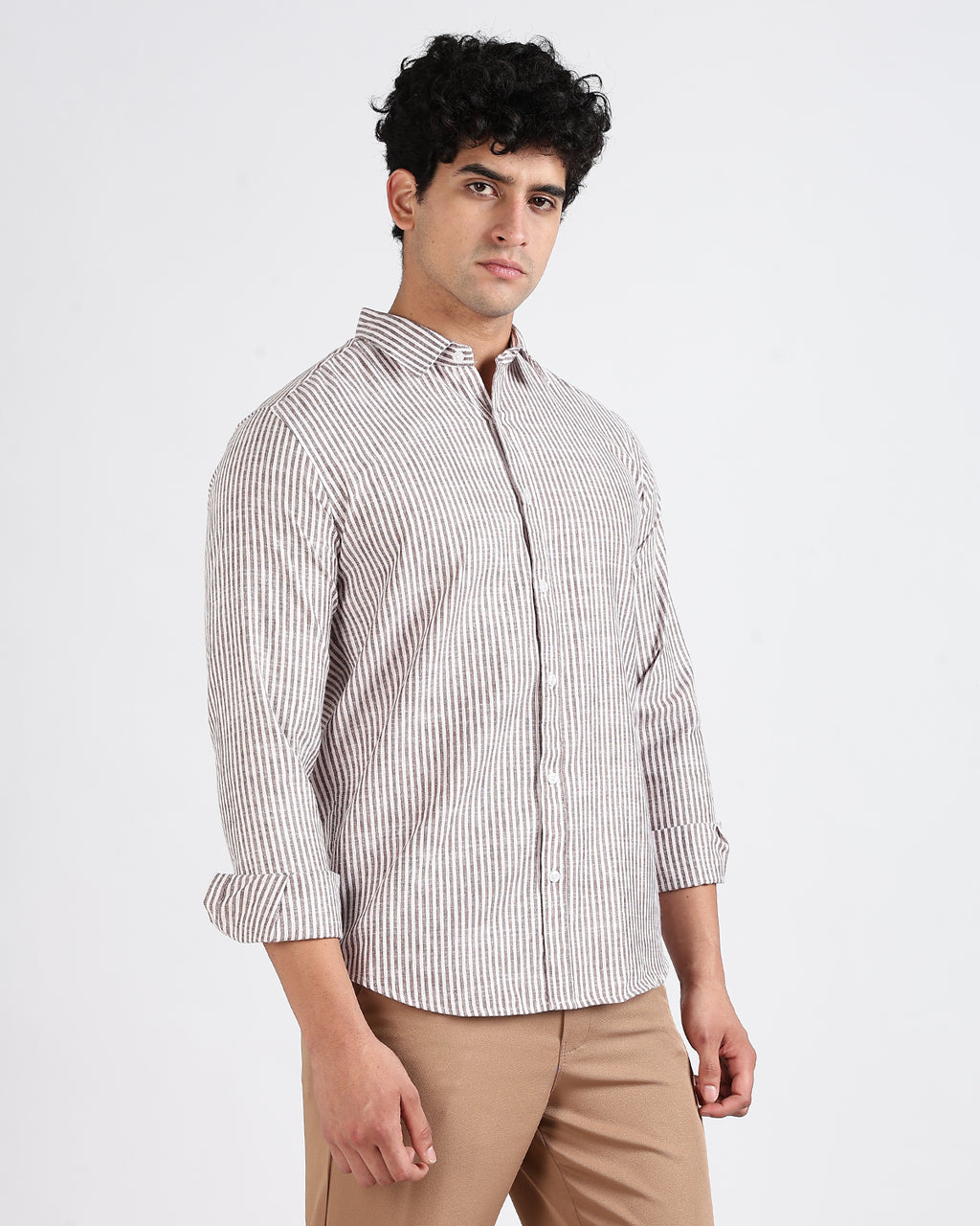 Tailored Fit Striped Linen Shirt - Brown