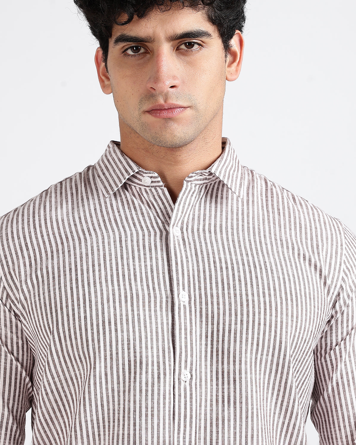 Tailored Fit Striped Linen Shirt - Brown
