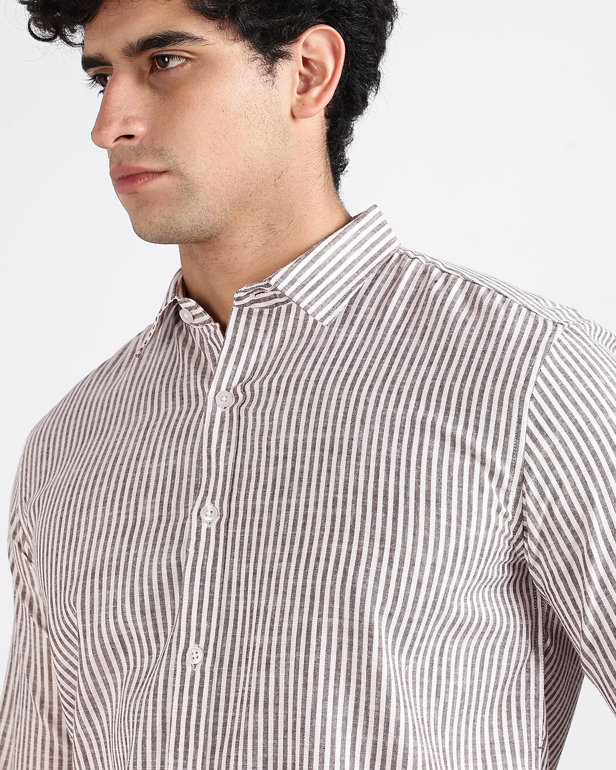 Tailored Fit Striped Linen Shirt - Brown