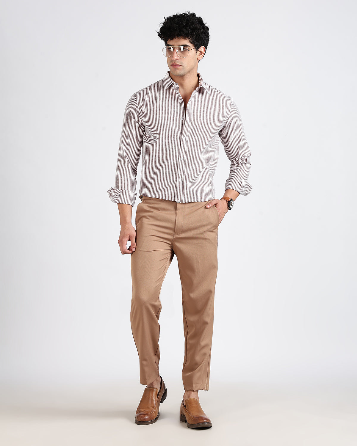 Tailored Fit Striped Linen Shirt - Brown