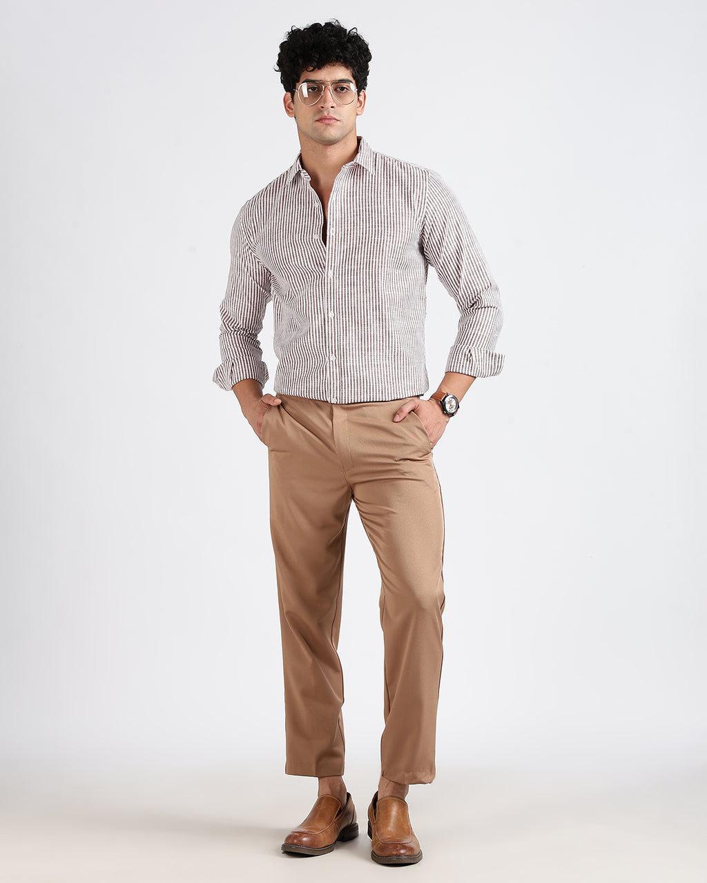 Tailored Fit Striped Linen Shirt - Brown