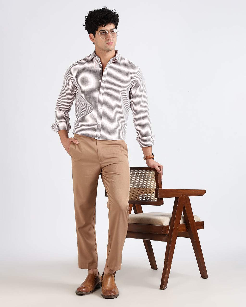 Tailored Fit Striped Linen Shirt - Brown
