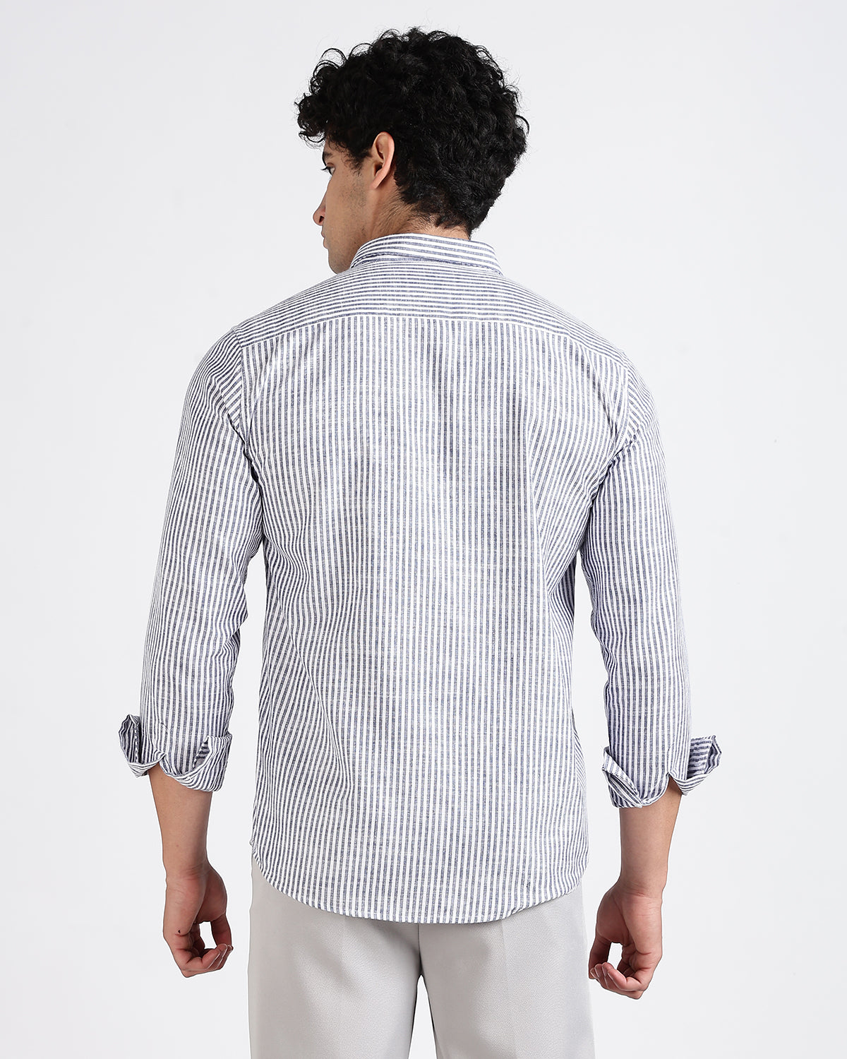 Tailored Fit Striped Linen Shirt - Dark Blue