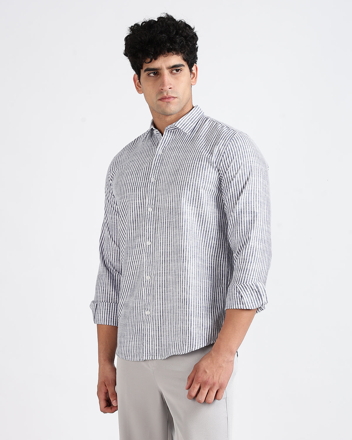 Tailored Fit Striped Linen Shirt - Dark Blue