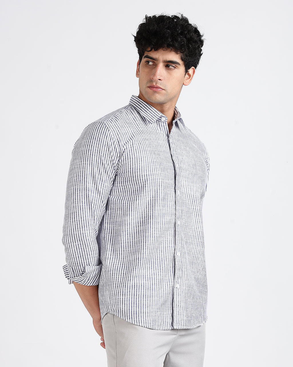 Tailored Fit Striped Linen Shirt - Dark Blue