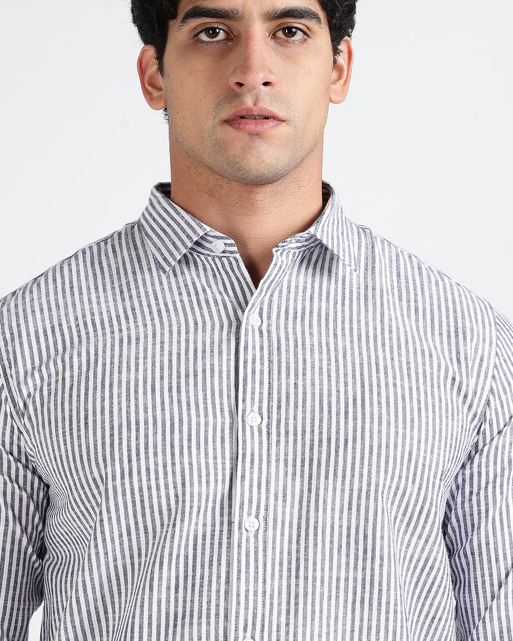 Tailored Fit Striped Linen Shirt - Dark Blue