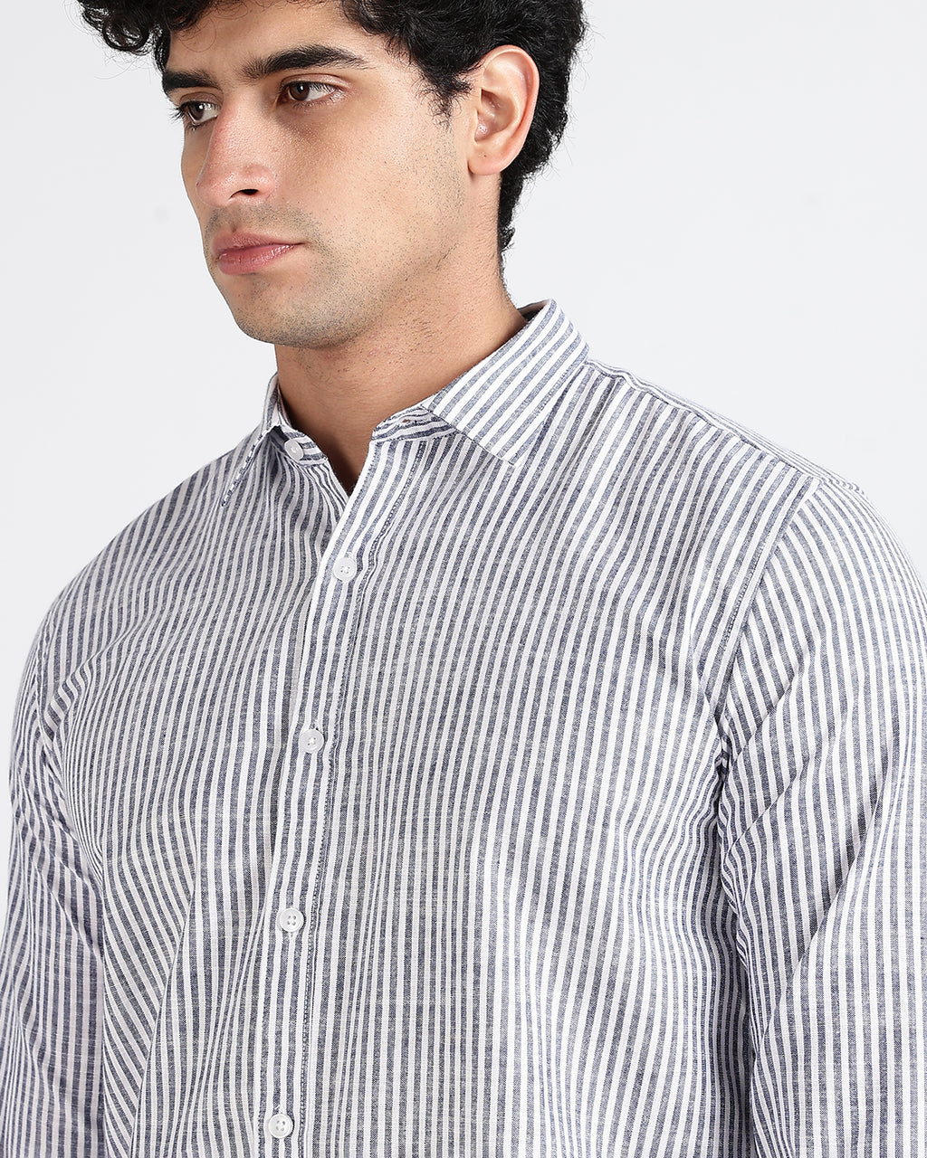 Tailored Fit Striped Linen Shirt - Dark Blue