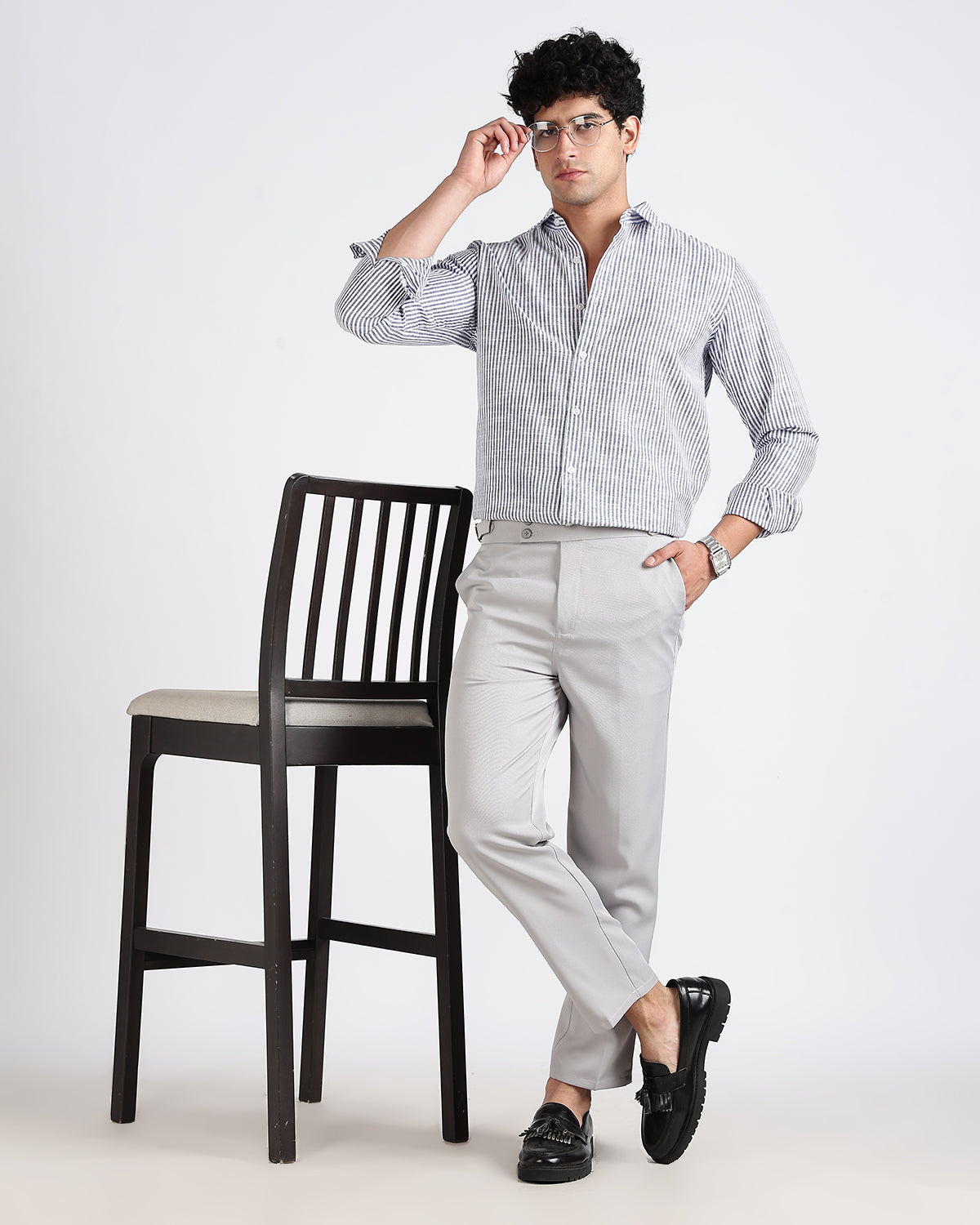 Tailored Fit Striped Linen Shirt - Dark Blue