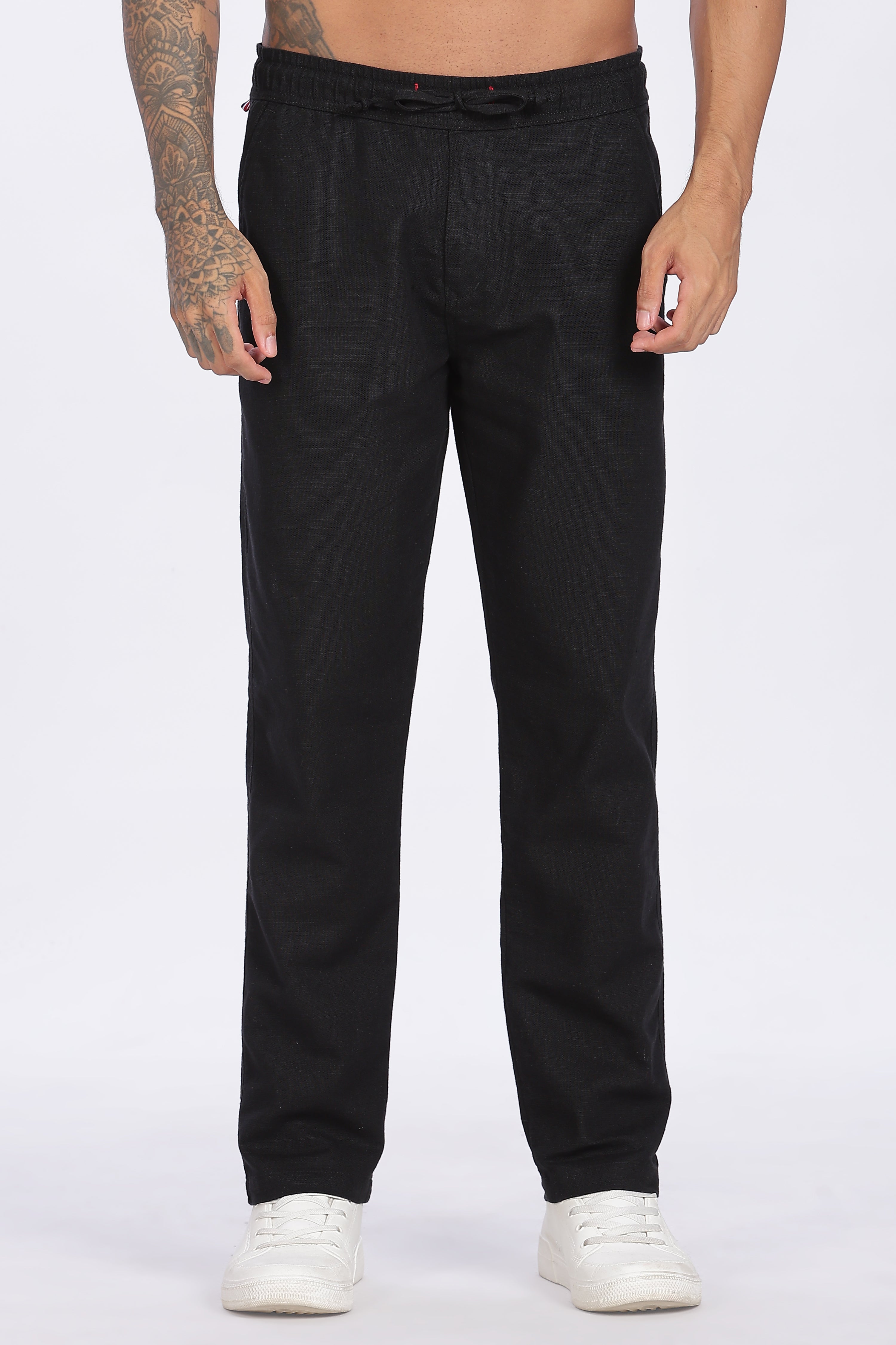 Relaxed Fit Linen Pants - Black