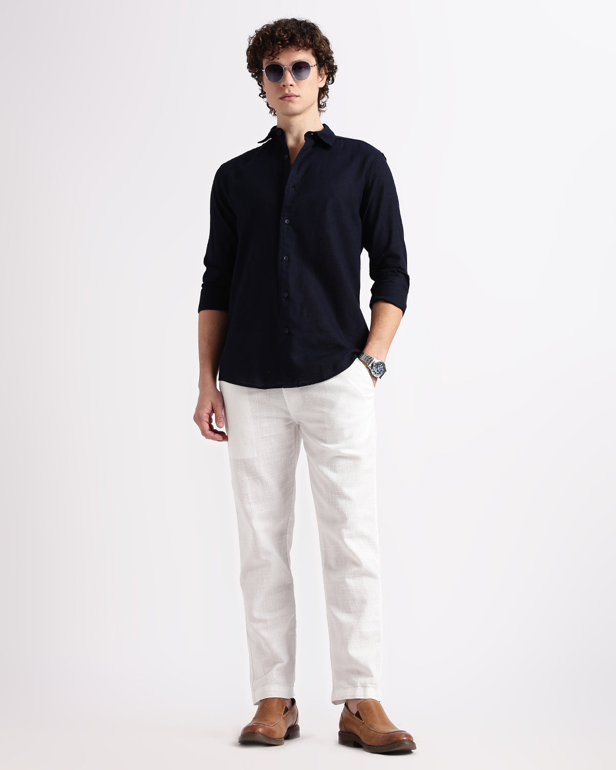 Tailored Fit Linen Shirt - Navy