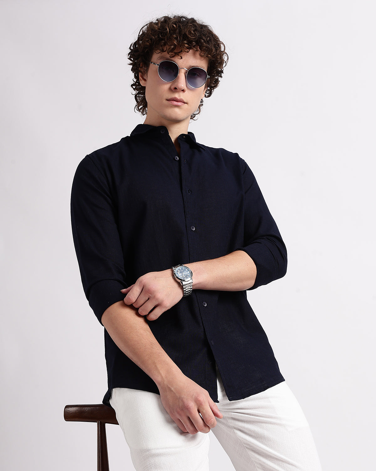 Tailored Fit Linen Shirt - Navy