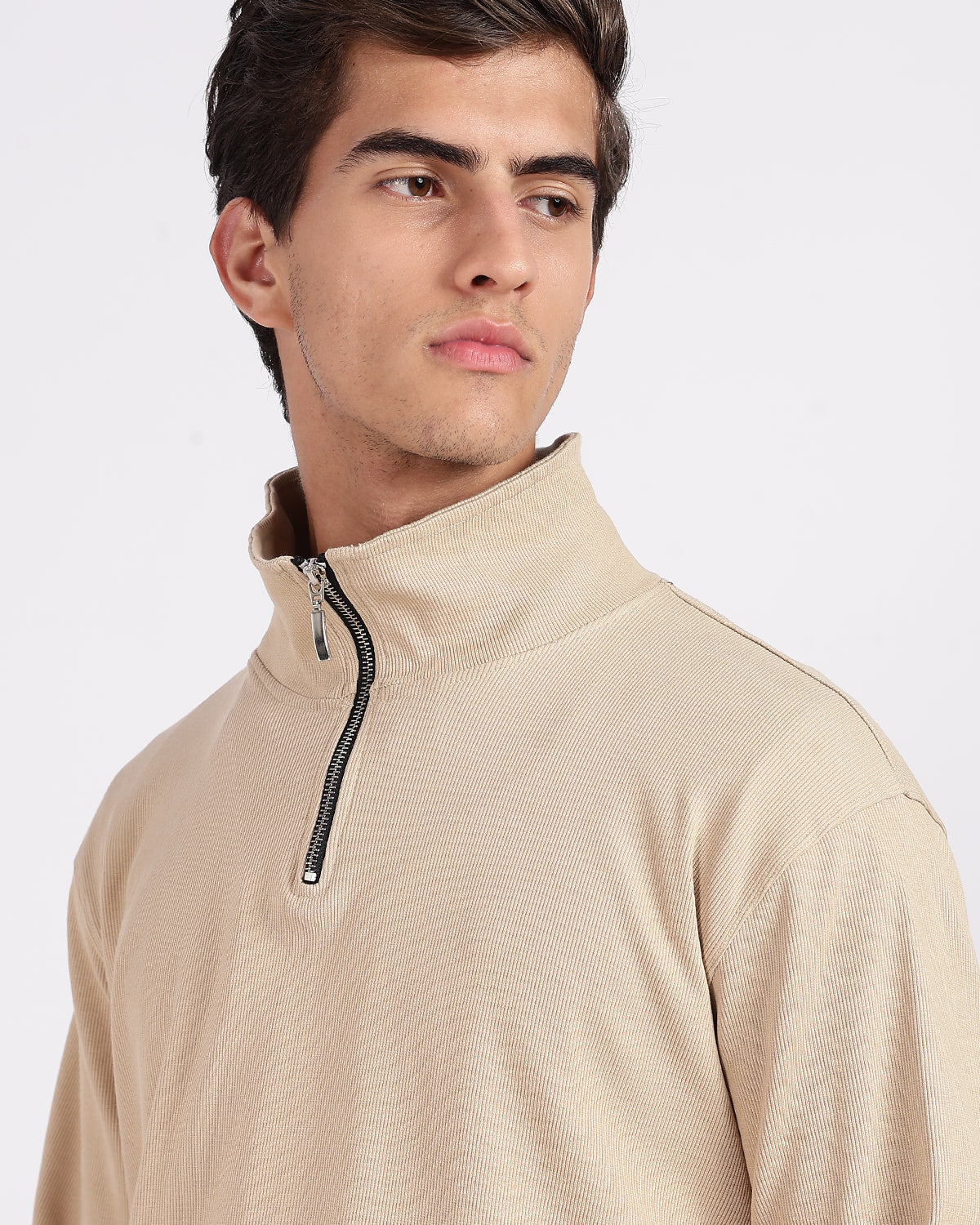 Regular Fit Quarter Zip Sweatshirt - Light Beige