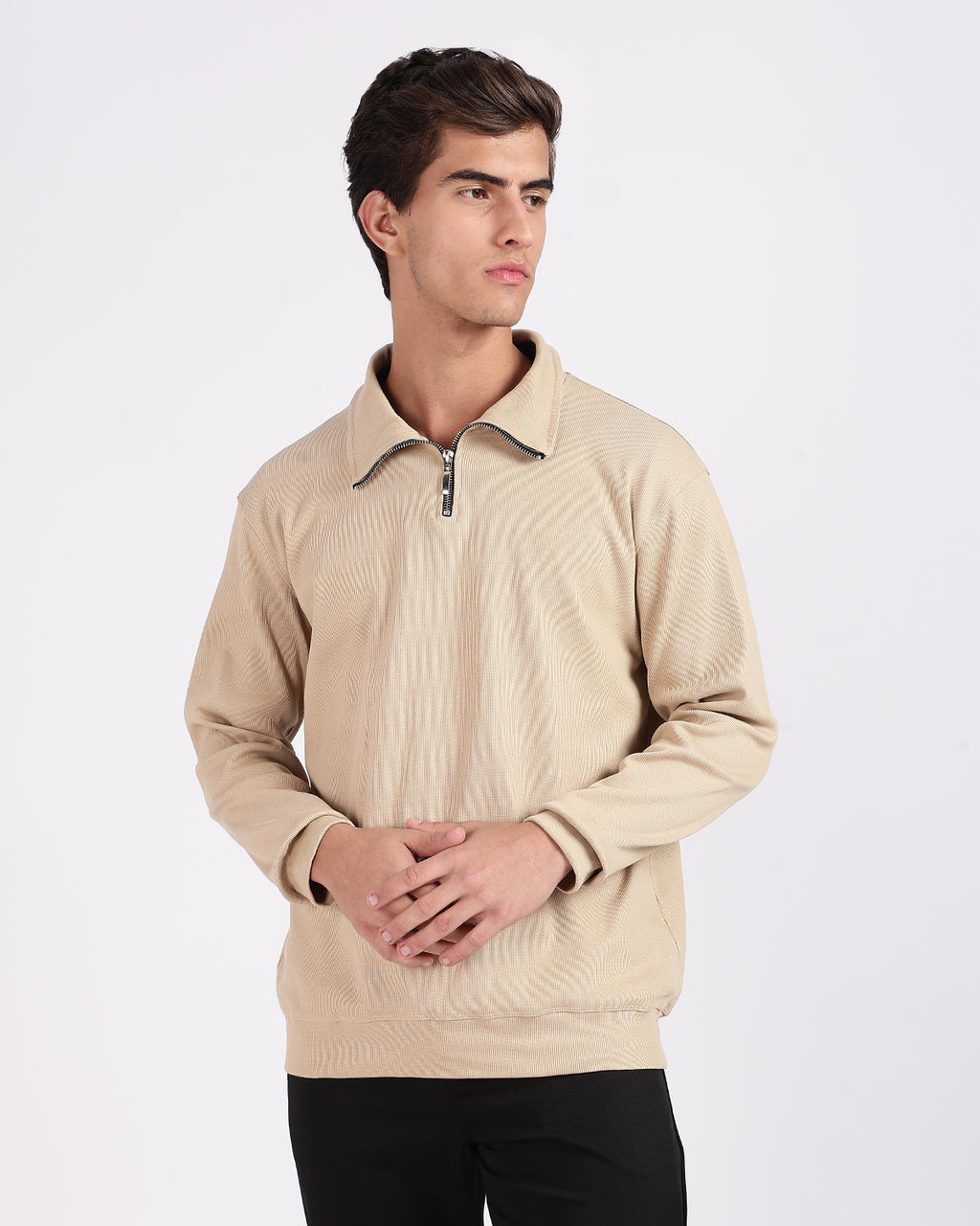 Regular Fit Quarter Zip Sweatshirt - Light Beige