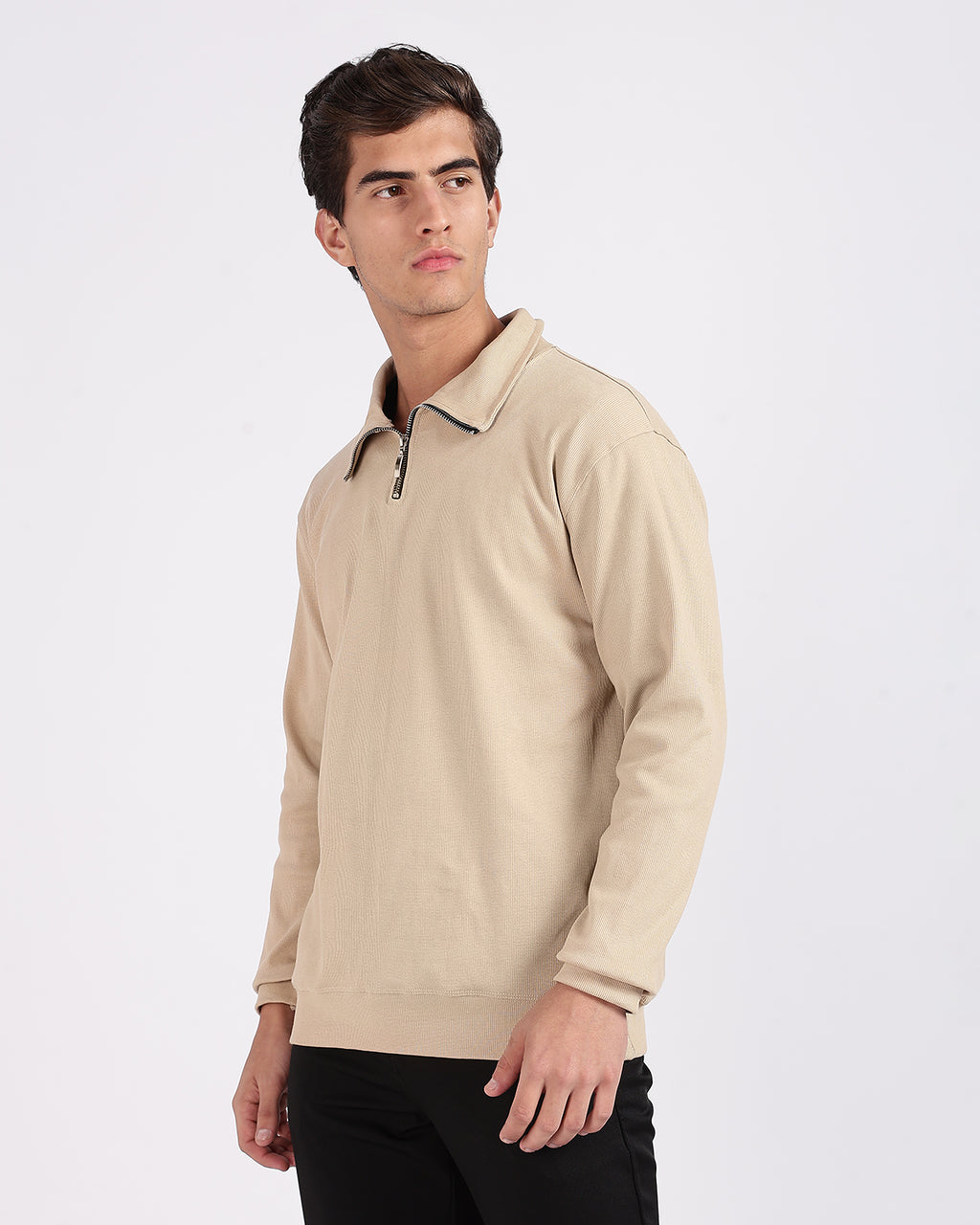 Regular Fit Quarter Zip Sweatshirt - Light Beige