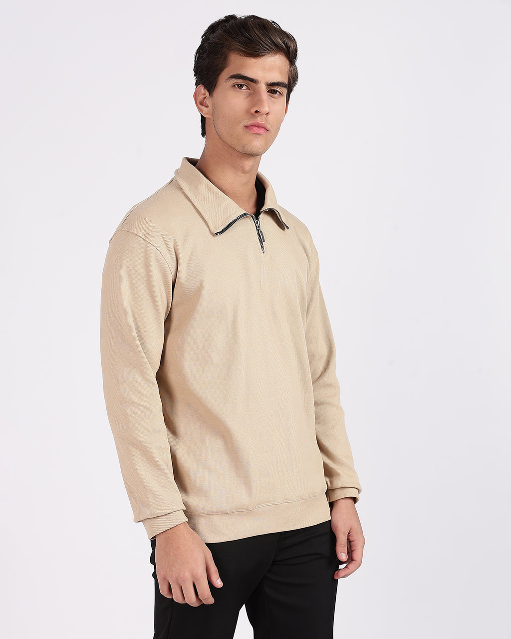 Regular Fit Quarter Zip Sweatshirt - Light Beige