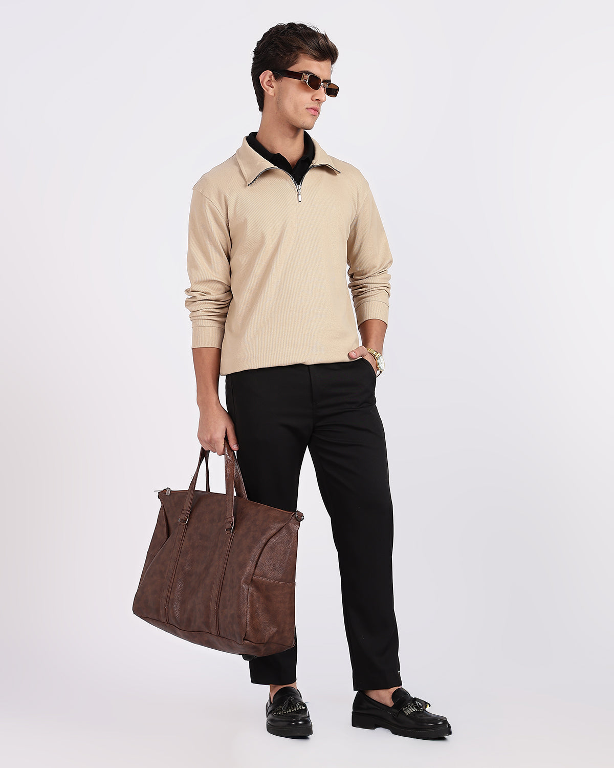 Regular Fit Quarter Zip Sweatshirt - Light Beige