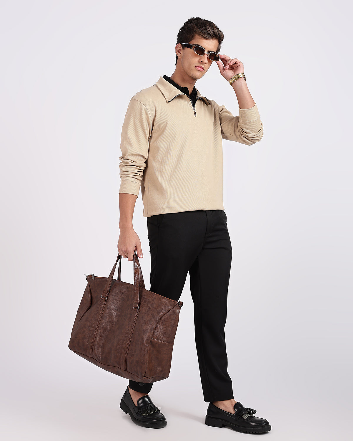 Regular Fit Quarter Zip Sweatshirt - Light Beige