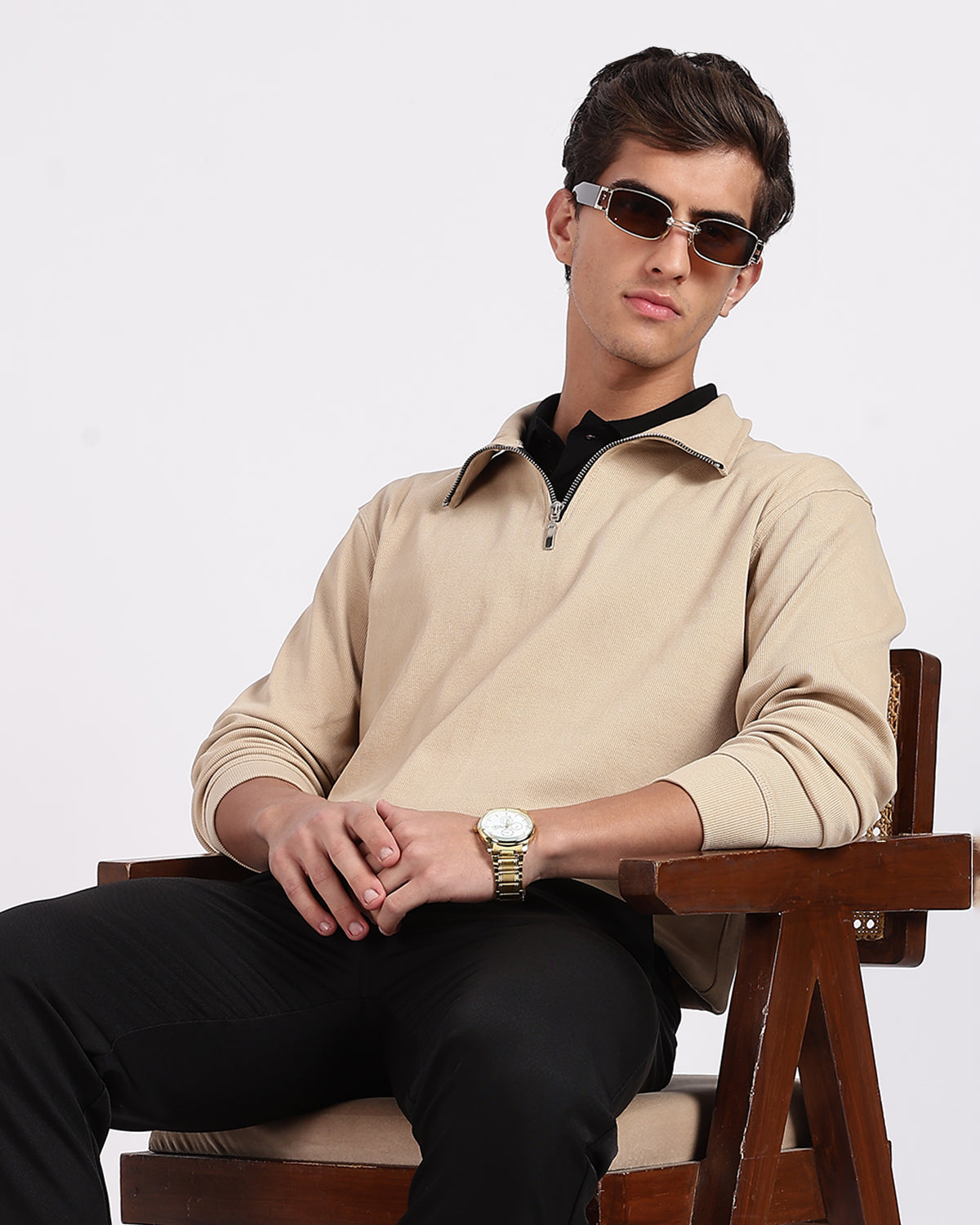 Regular Fit Quarter Zip Sweatshirt - Light Beige