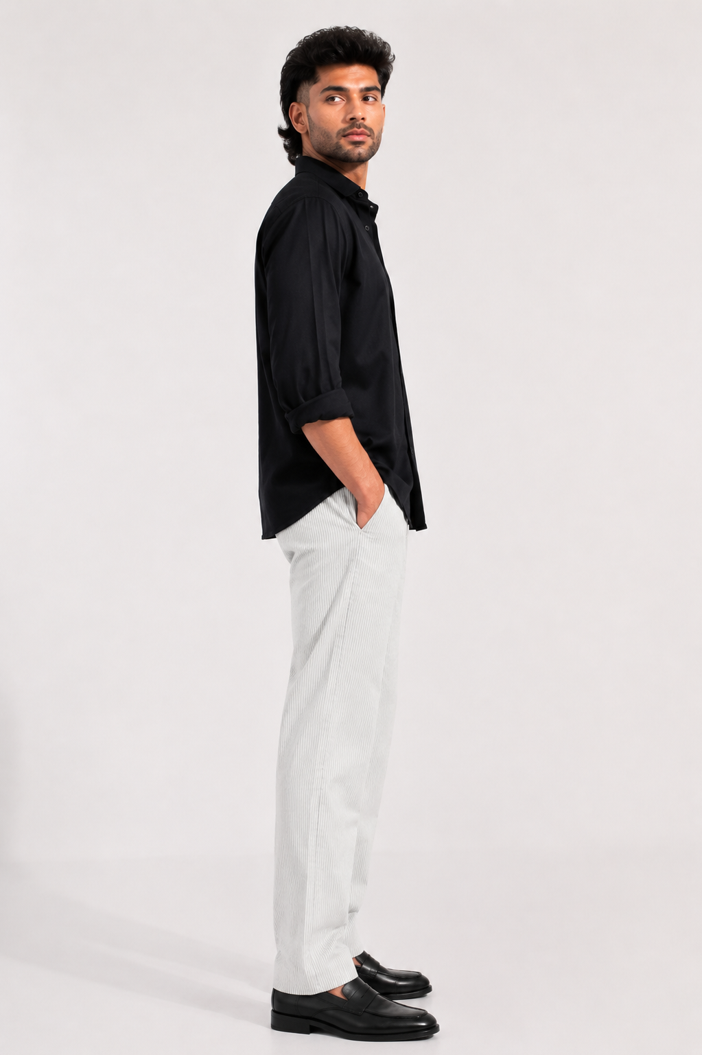 Relaxed Fit Linen Stripe Pants - Light Grey