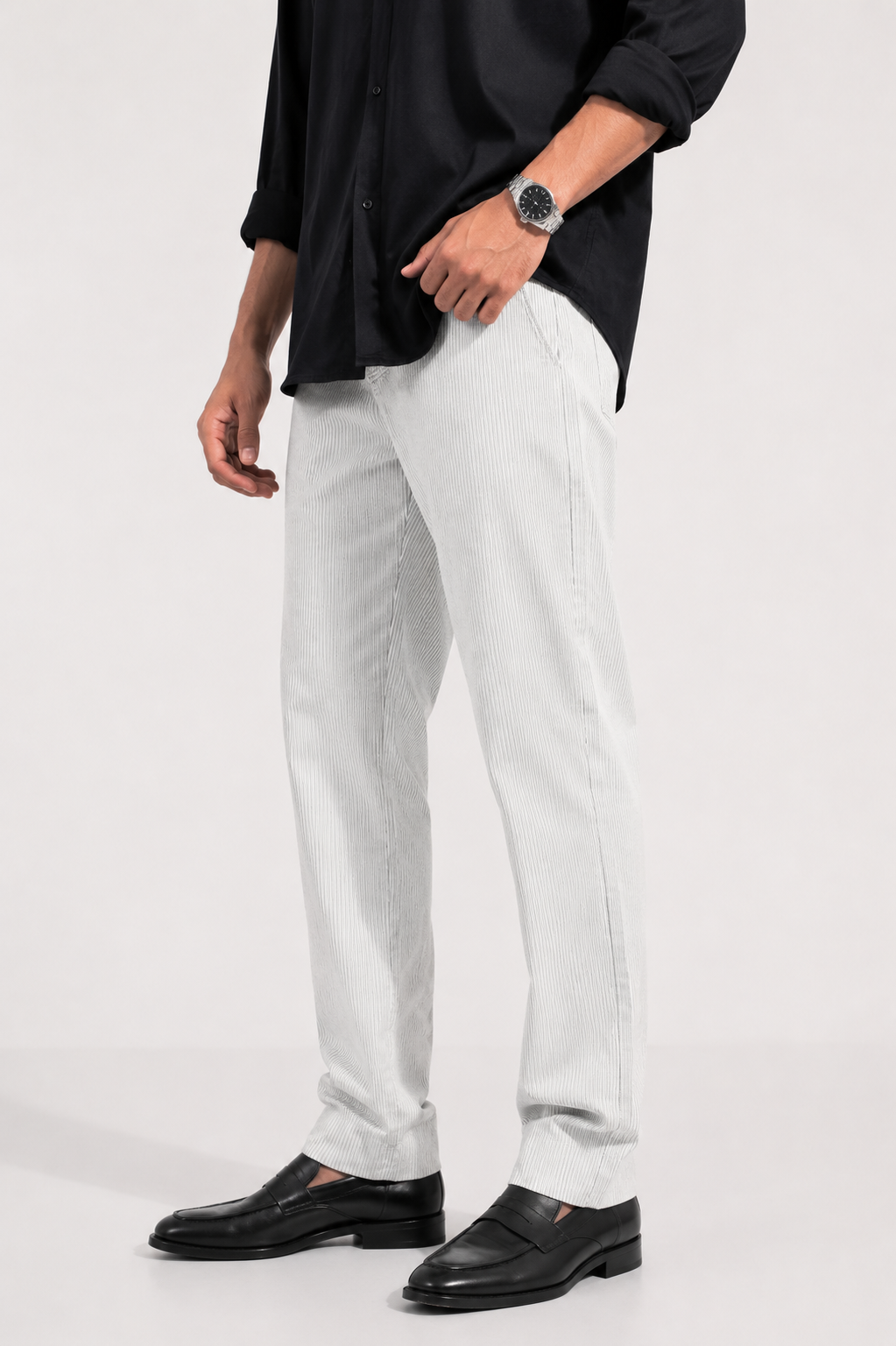 Relaxed Fit Linen Stripe Pants - Light Grey