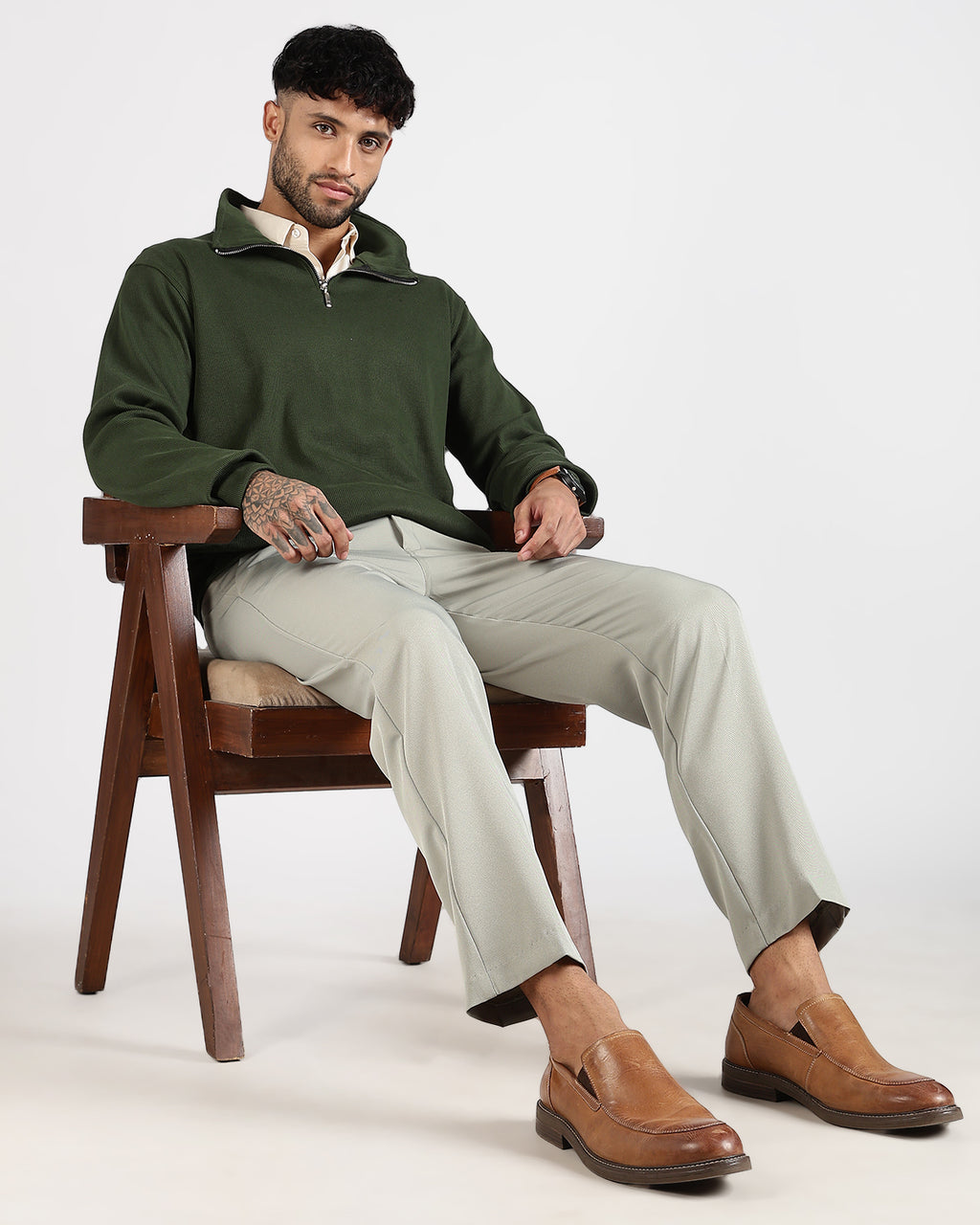 Regular Fit Quarter Zip Sweatshirt - Green