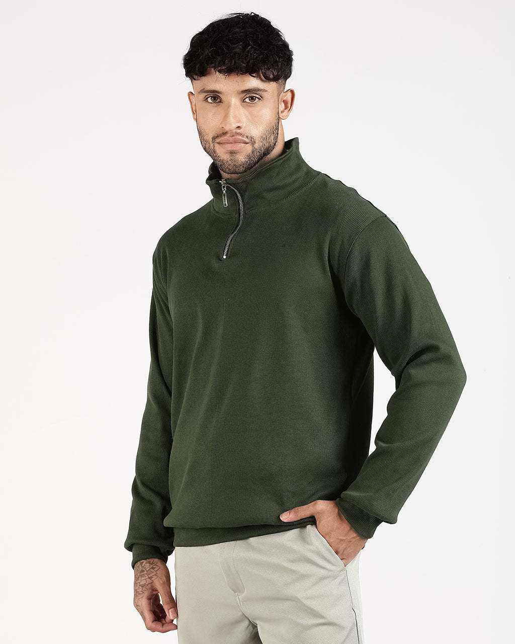 Regular Fit Quarter Zip Sweatshirt - Green
