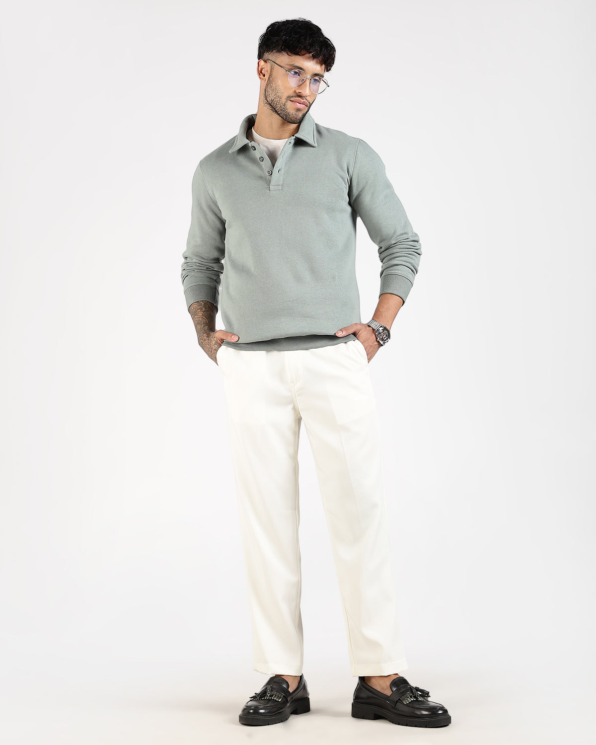 Relaxed Fit Buttoned Sweatshirt - Green