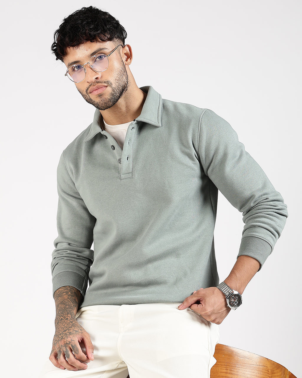 Relaxed Fit Buttoned Sweatshirt - Green