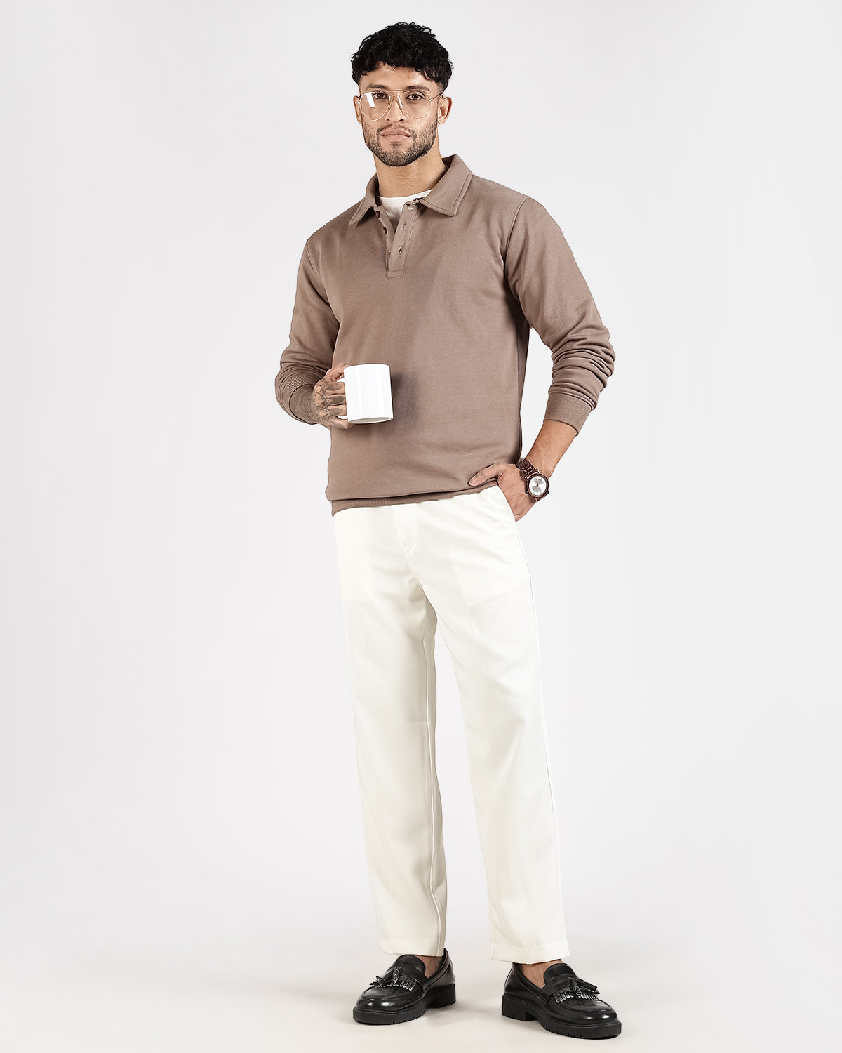Relaxed Fit Buttoned Sweatshirt - Taupe