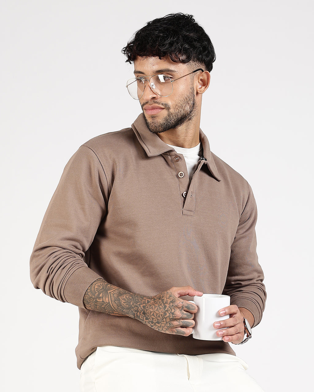 Relaxed Fit Buttoned Sweatshirt - Taupe