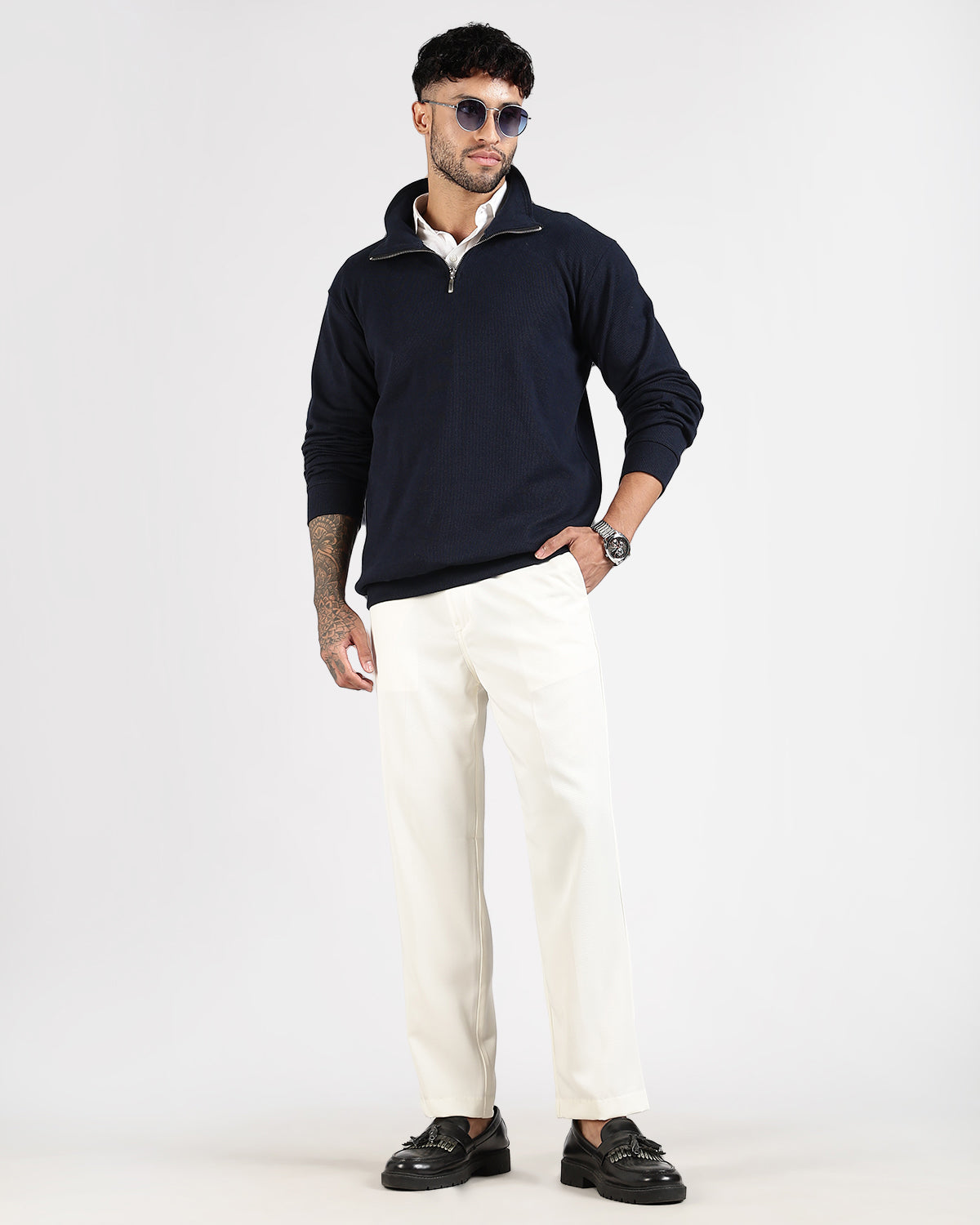 Regular Fit Quarter Zip Sweatshirt - Navy Blue