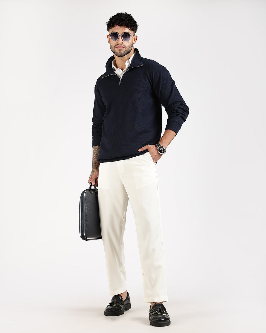 Regular Fit Quarter Zip Sweatshirt - Navy Blue